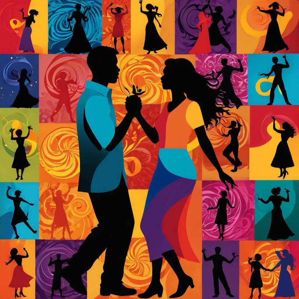 A colorful and vibrant collage representing diverse cultures and expressions of passion, featuring silhouettes of couples from various backgrounds embracing and celebrating love, set against an abstract background of swirling colors symbolizing energy and emotion. Include elements of traditional clothing and cultural symbols intertwined in the design, radiating warmth and connection. super-realistic. vibrant colors. 3D.