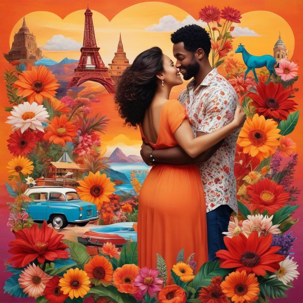 A vibrant collage depicting diverse couples from various cultural backgrounds, passionately interacting in shared moments of joy and affection. Include elements representing love, connection, and adventure, such as travel landmarks and floral motifs. The backdrop should evoke warmth and acceptance, symbolizing breaking societal barriers. Showcase rich colors that reflect the intensity of emotions and cultural diversity. super-realistic. vibrant colors. soft-focus background.