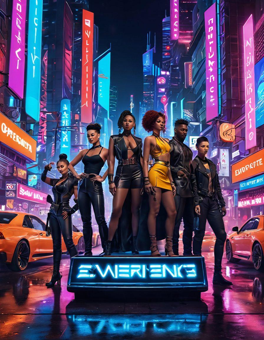 A vibrant scene showcasing a multicultural adult industry set against a colorful cityscape. Include diverse individuals of various ethnic backgrounds interacting and celebrating together, with symbols of empowerment and inclusion. Emphasize a blend of traditional and modern elements to reflect cultural richness. Bright neon lights and playful textures enhance the atmosphere of unity and diversity. cyberpunk. vibrant colors. 3D.